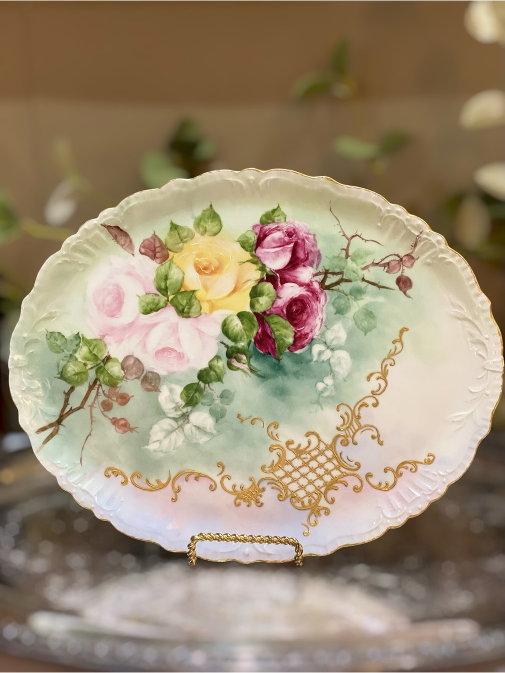 Antique JPL Limoges France Jean Pouyat Oval Tray Hand Painted Roses Pink c1900